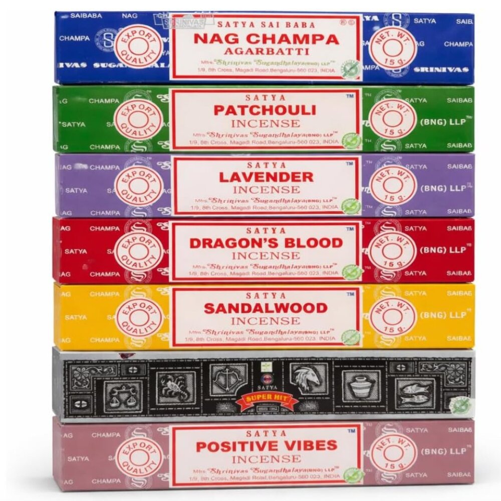 Satya Incense 7 Box Gift Set 12 sticks each box, 2 wood burners